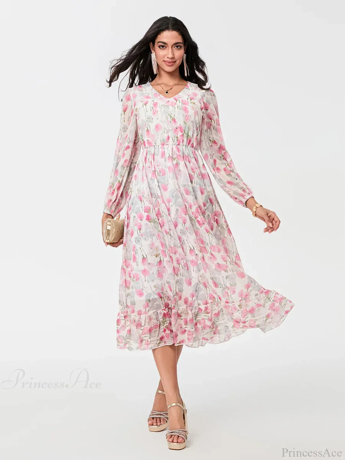 Elegant Floral Flowing Long Sleeve A-Line Dress