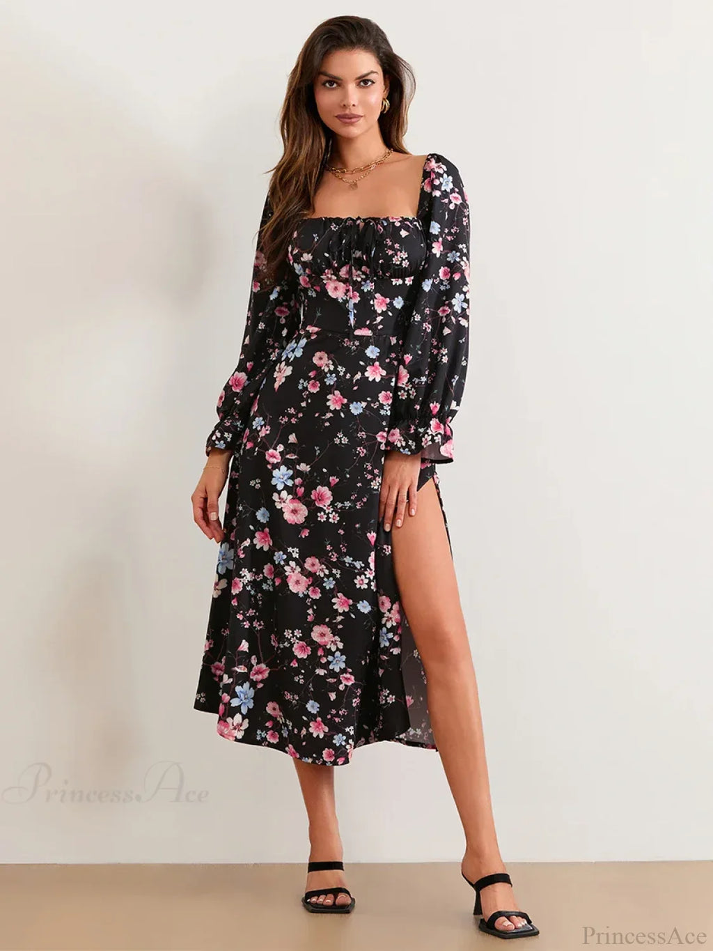 Elegant Floral Midi Puff Sleeve Square Neck Dress