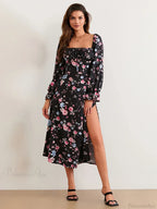 Elegant Floral Midi Puff Sleeve Square Neck Dress