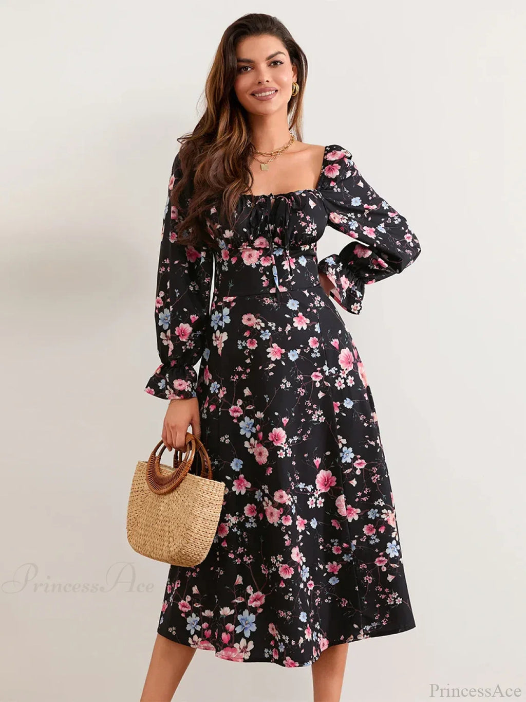 Elegant Floral Midi Puff Sleeve Square Neck Dress