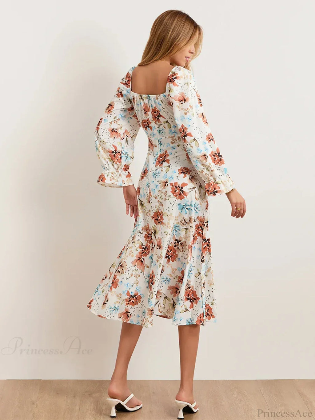 Elegant Floral Midi Puff Sleeve Square Neck Dress