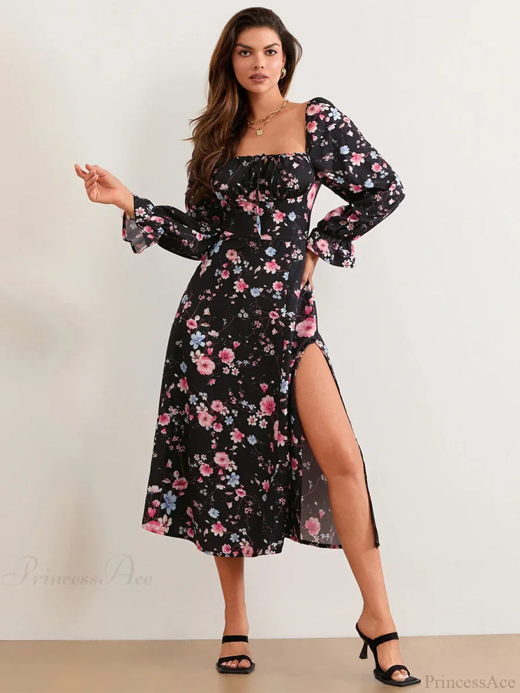 Elegant Floral Midi Puff Sleeve Square Neck Dress