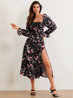 Elegant Floral Midi Puff Sleeve Square Neck Dress