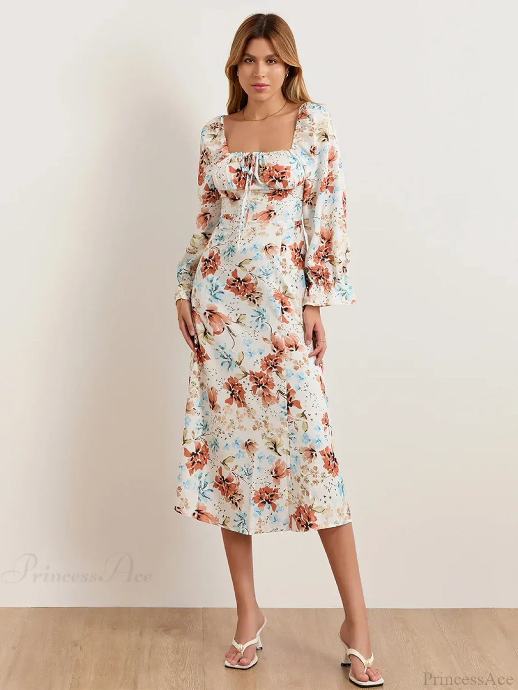 Elegant Floral Midi Puff Sleeve Square Neck Dress