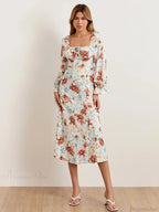 Elegant Floral Midi Puff Sleeve Square Neck Dress