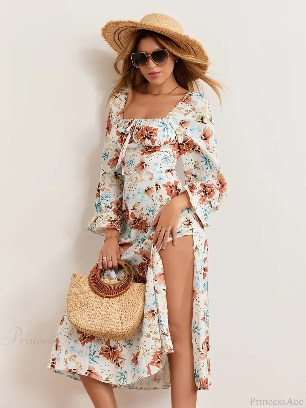 Elegant Floral Midi Puff Sleeve Square Neck Dress