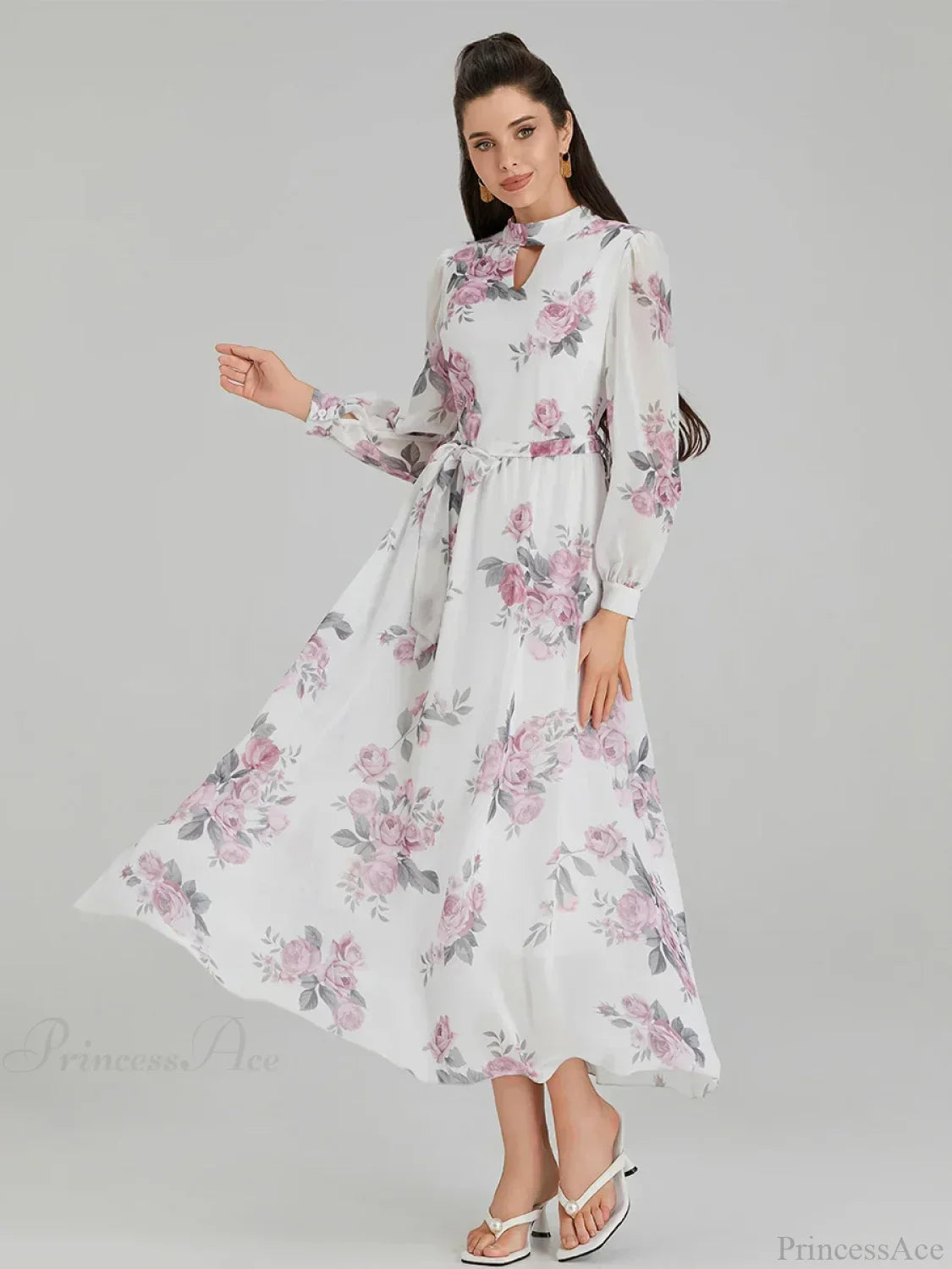 Elegant Floral Print Chiffon Long Lantern Sleeve Tie Waist Dress
