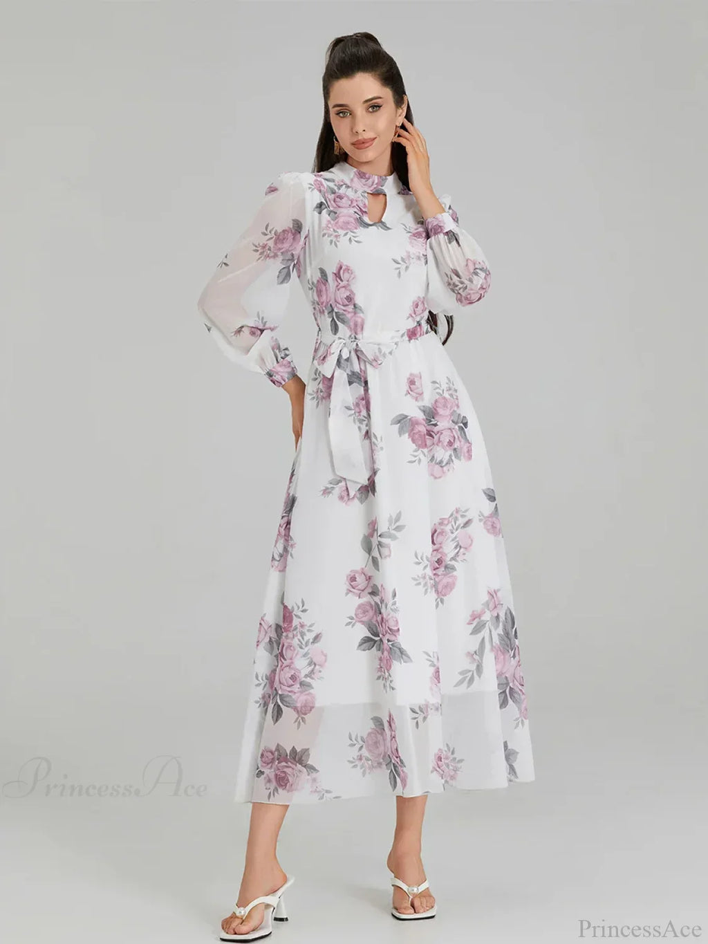 Elegant Floral Print Chiffon Long Lantern Sleeve Tie Waist Dress