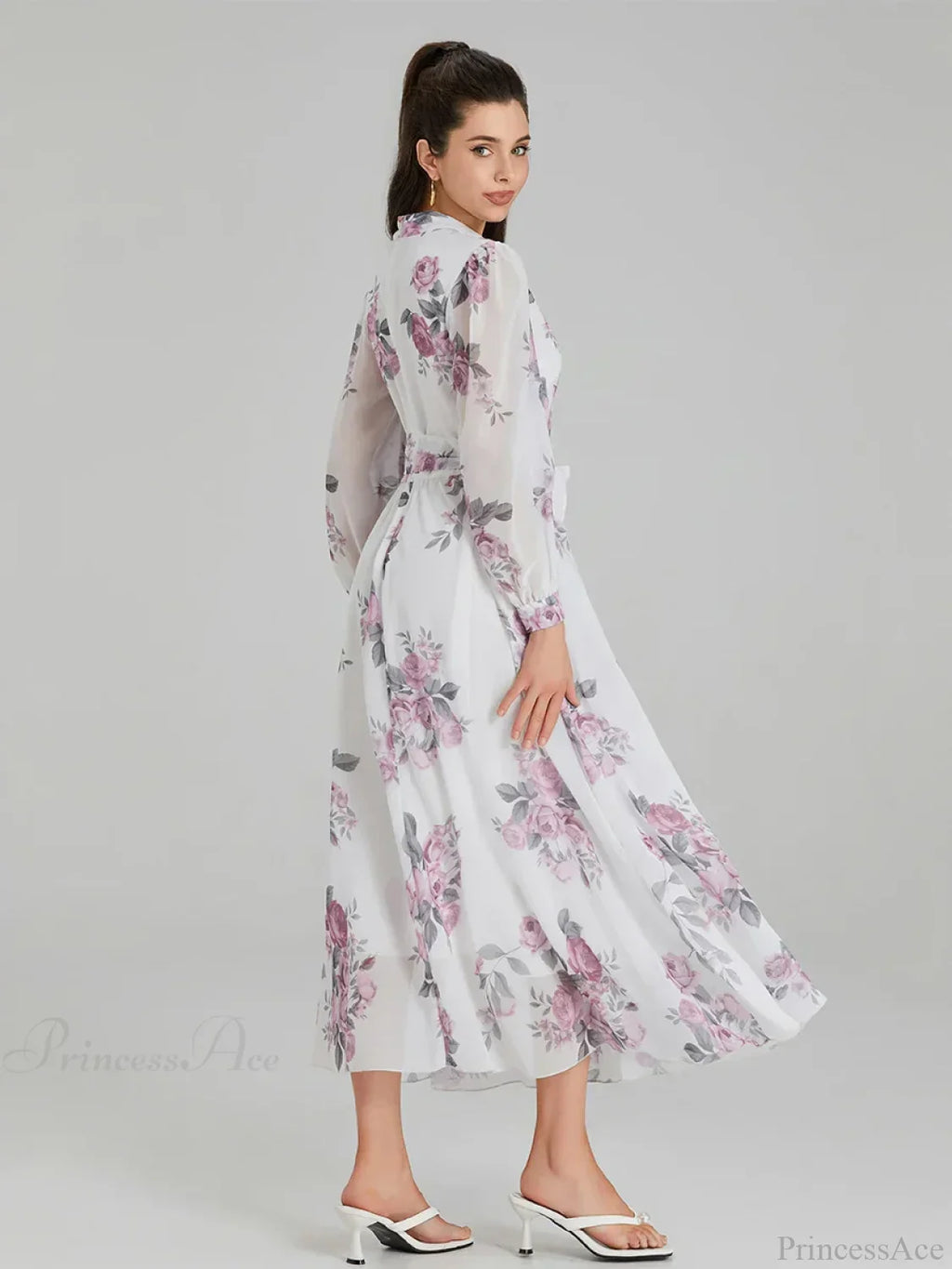 Elegant Floral Print Chiffon Long Lantern Sleeve Tie Waist Dress