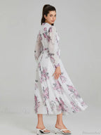 Elegant Floral Print Chiffon Long Lantern Sleeve Tie Waist Dress