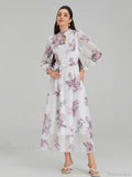 Elegant Floral Print Chiffon Long Lantern Sleeve Tie Waist Dress