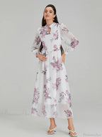 Elegant Floral Print Chiffon Long Lantern Sleeve Tie Waist Dress