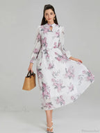 Elegant Floral Print Chiffon Long Lantern Sleeve Tie Waist Dress
