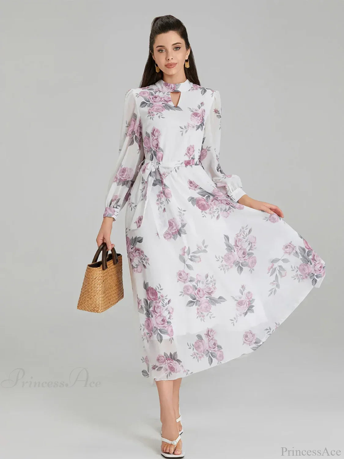 Elegant Floral Print Chiffon Long Lantern Sleeve Tie Waist Dress
