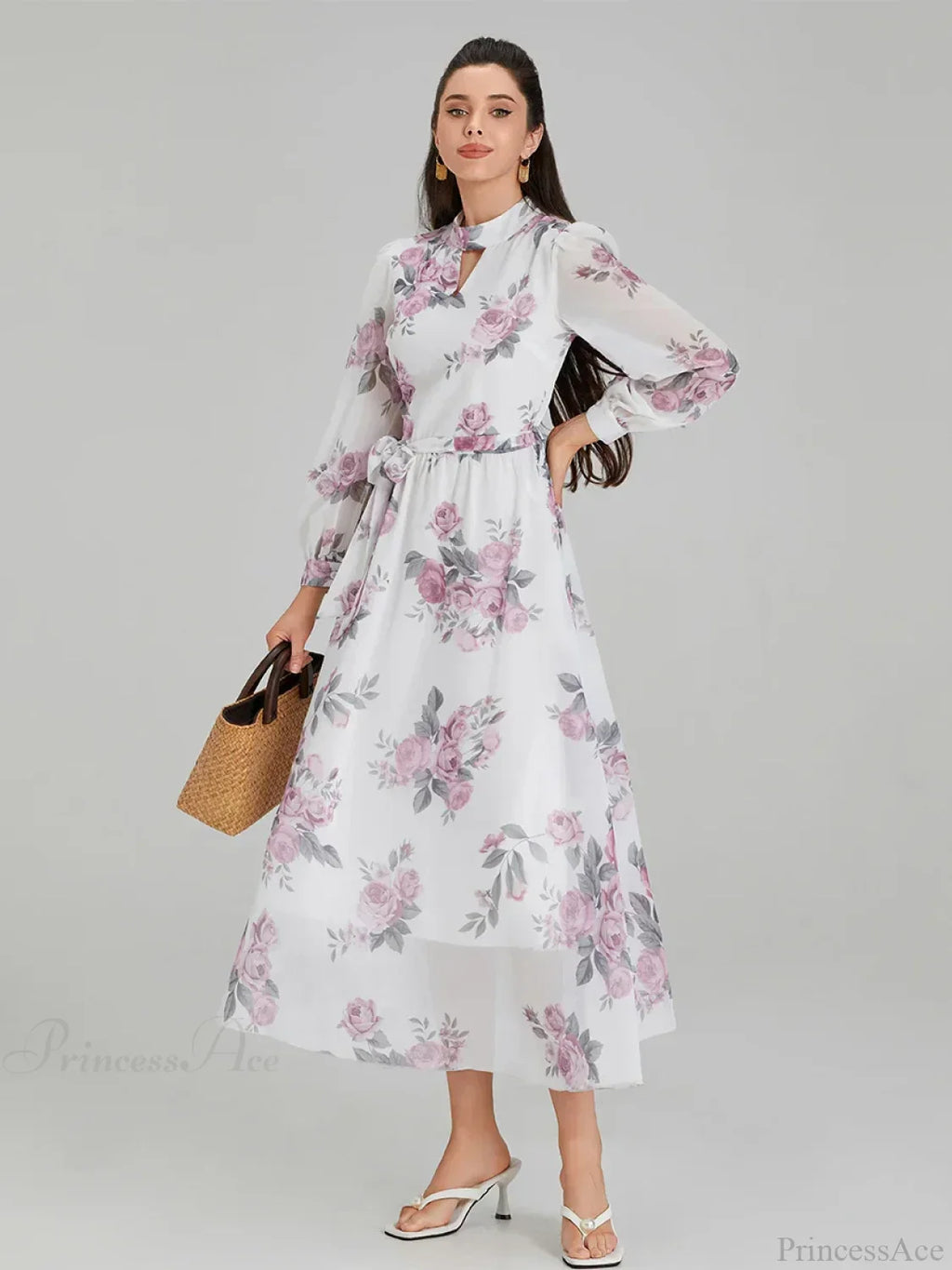 Elegant Floral Print Chiffon Long Lantern Sleeve Tie Waist Dress