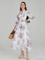 Elegant Floral Print Chiffon Long Lantern Sleeve Tie Waist Dress