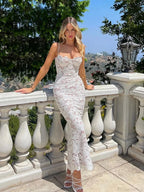 Elegant Lace Mesh Sheer Floral Bodycon Hollow Out Dress