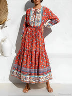 Elegant Lace-Up Floral Print Boho Dress