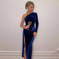 Elegant Long Sleeve Party Evening Velvet Bodycon Split Pencil Midi Dress