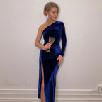 Elegant Long Sleeve Party Evening Velvet Bodycon Split Pencil Midi Dress