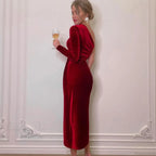 Elegant Long Sleeve Party Evening Velvet Bodycon Split Pencil Midi Dress