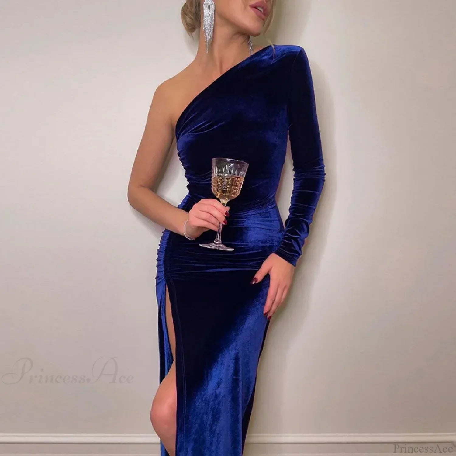 Elegant Long Sleeve Party Evening Velvet Bodycon Split Pencil Midi Dress