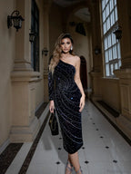 Elegant One-Shoulder Rhinestone Slimming Dress Prom