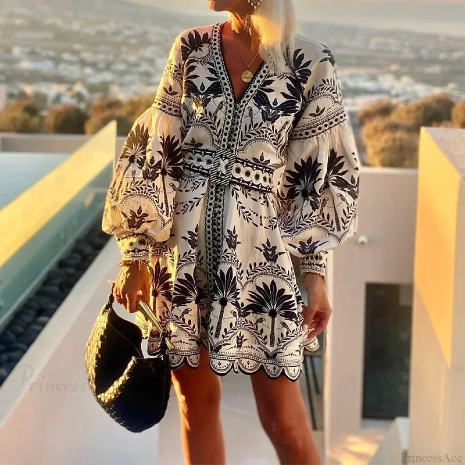 Elegant Print V-Neck A-Line Boho Dress