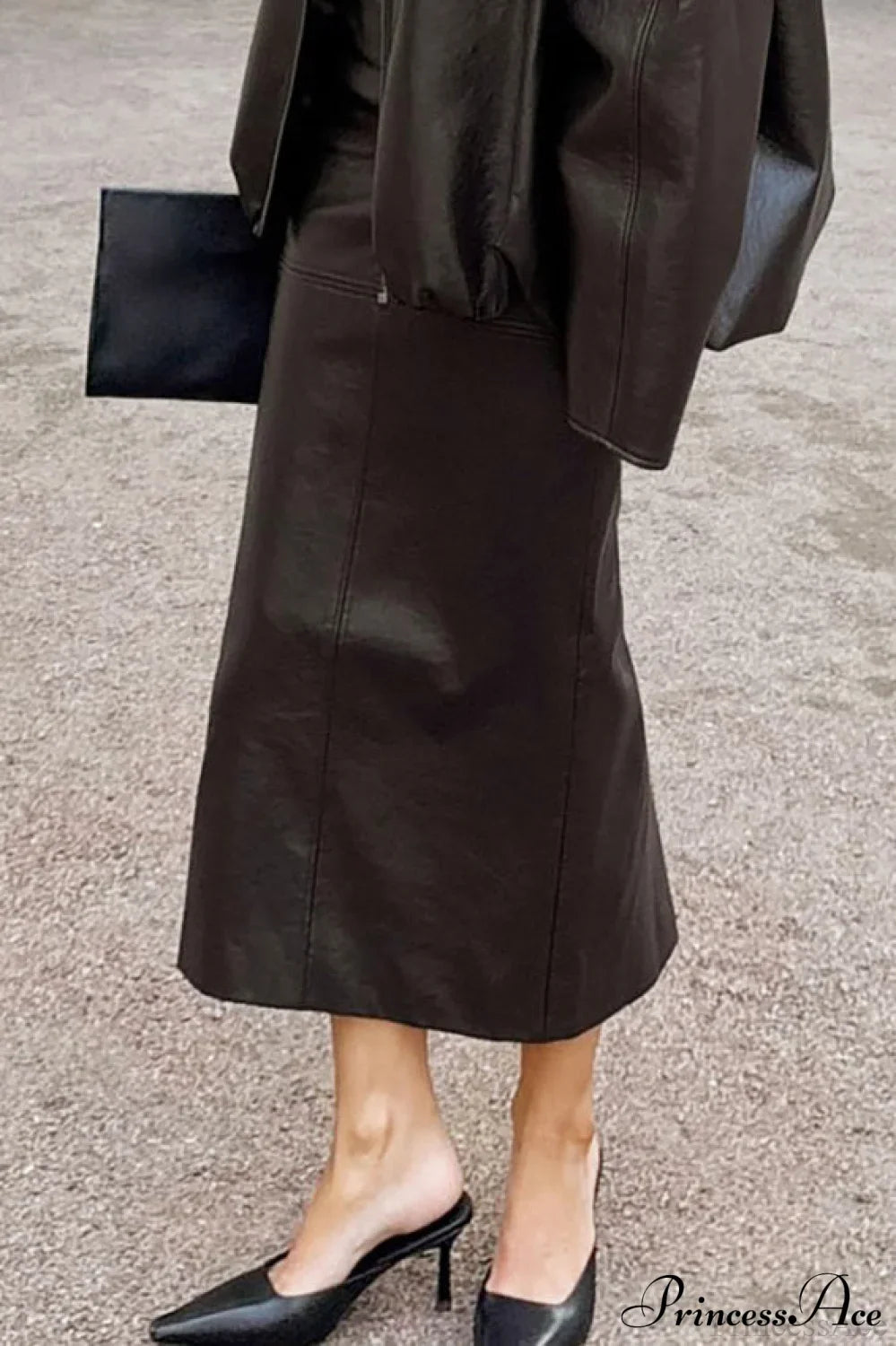 Elegant Pu Leather Midi Slit Skirt