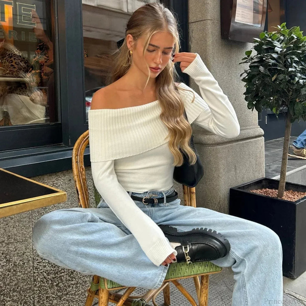 Elegant Slash-Neck Ribbed Crop Top Sweater