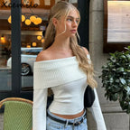 Elegant Slash-Neck Ribbed Crop Top Sweater