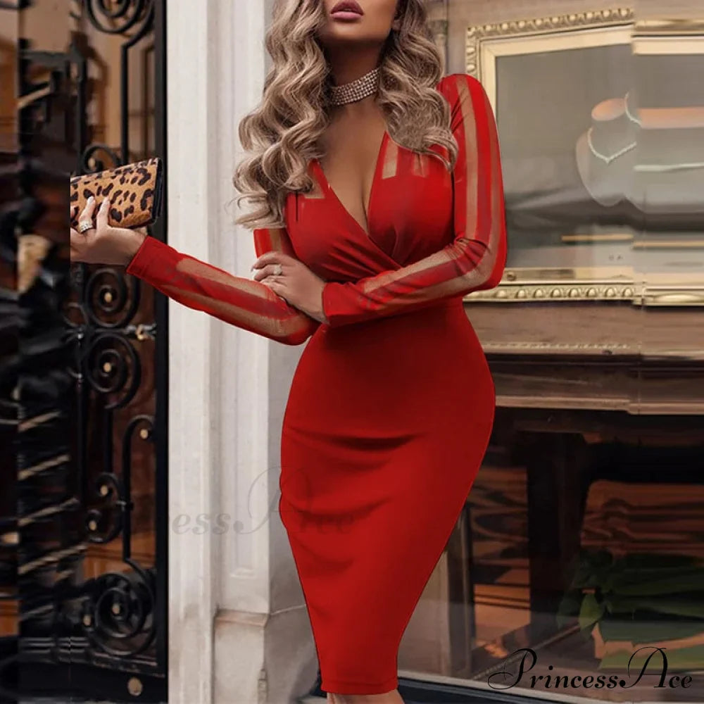 Elegant V Bodycon Sequin Club Party Deep Neck Patchwork With Long Slim Sleeves - Gown Dress