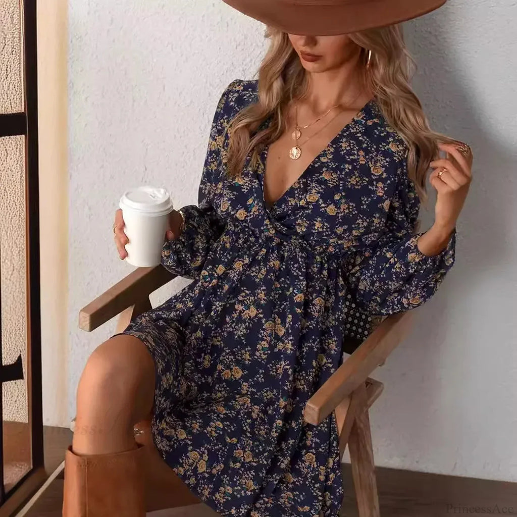 Elegant V-Neck Floral Mini Chiffon Dress