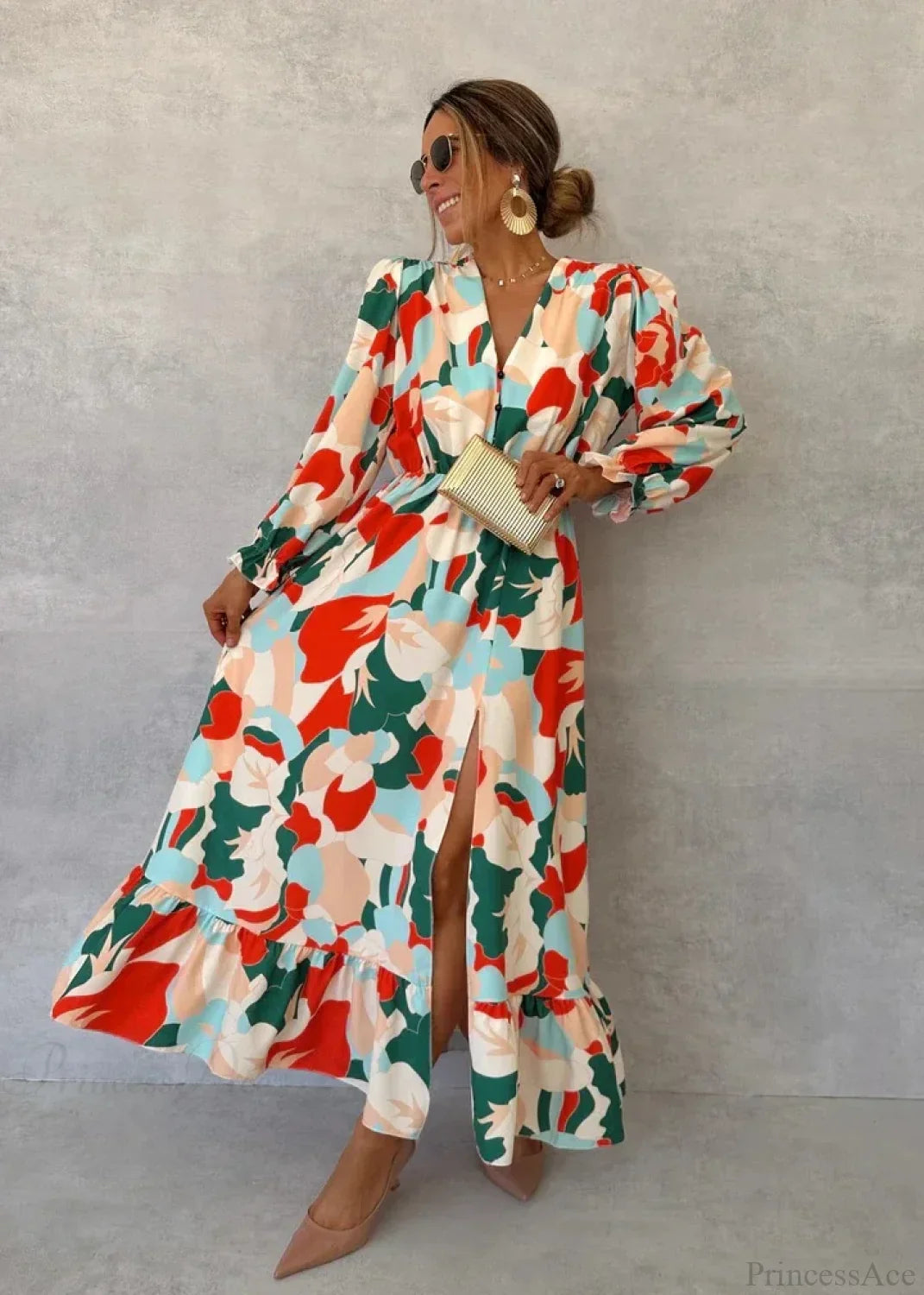 Elegant V-Neck Printed Floral Dress
