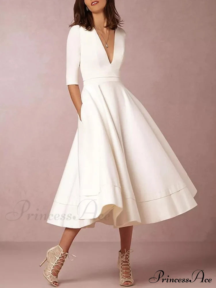 Elegant White V-Neck Evening Dress
