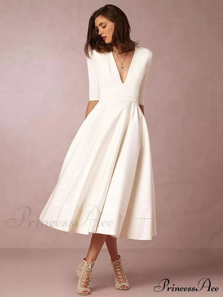 Elegant White V-Neck Evening Dress