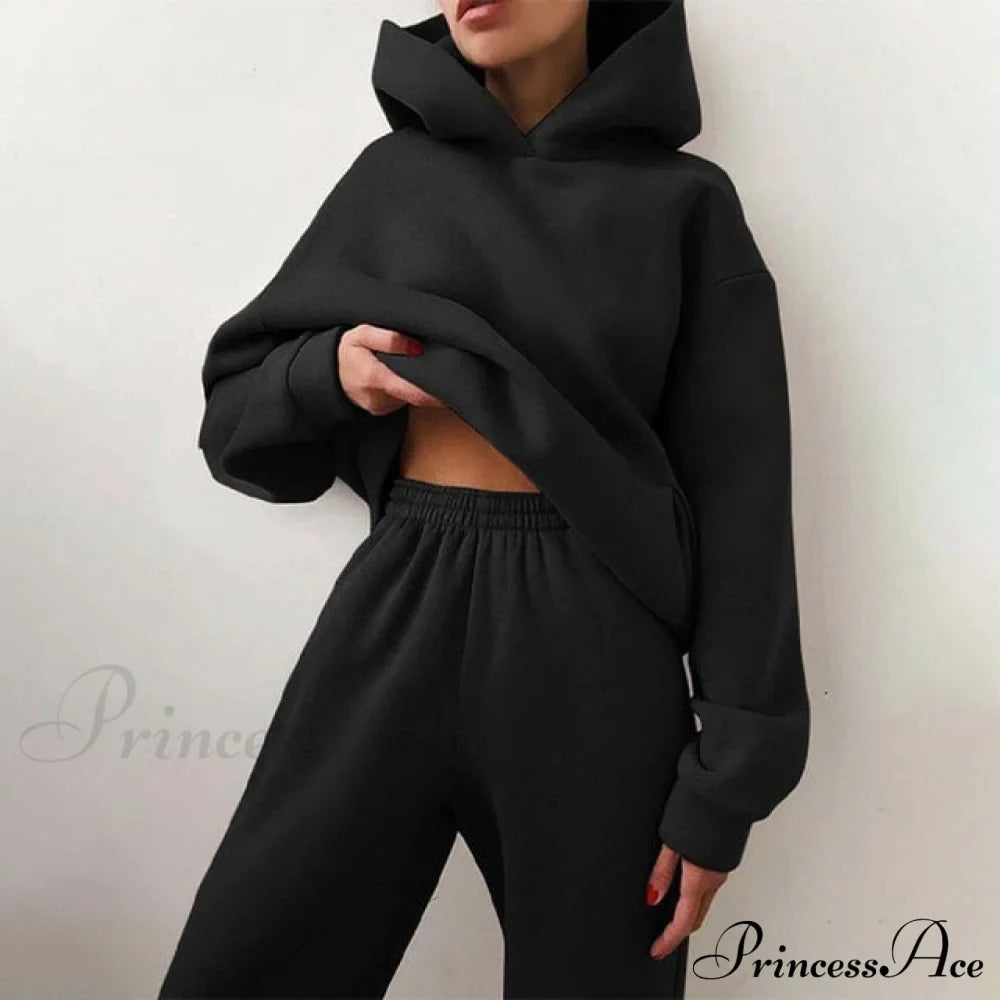 Elegant With Long Sweatshirt Set And Hoodie Lace-Up Warm Pant Solid Detail
