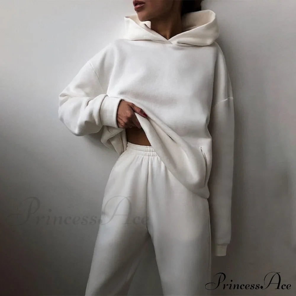 Elegant With Long Sweatshirt Set And Hoodie Lace-Up Warm Pant Solid Detail