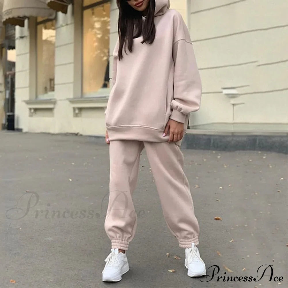 Elegant With Long Sweatshirt Set And Hoodie Lace-Up Warm Pant Solid Detail