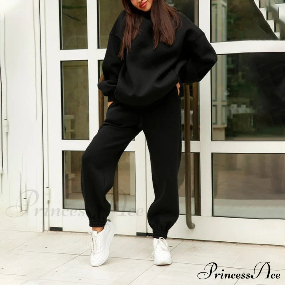 Elegant With Long Sweatshirt Set And Hoodie Lace-Up Warm Pant Solid Detail