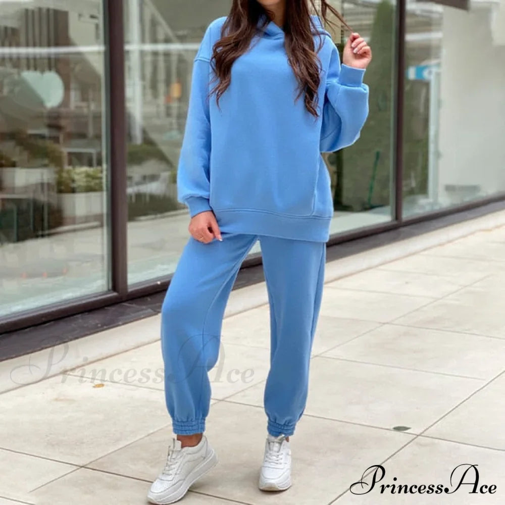 Elegant With Long Sweatshirt Set And Hoodie Lace-Up Warm Pant Solid Detail