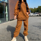 Elegant With Long Sweatshirt Set And Hoodie Lace-Up Warm Pant Solid Detail