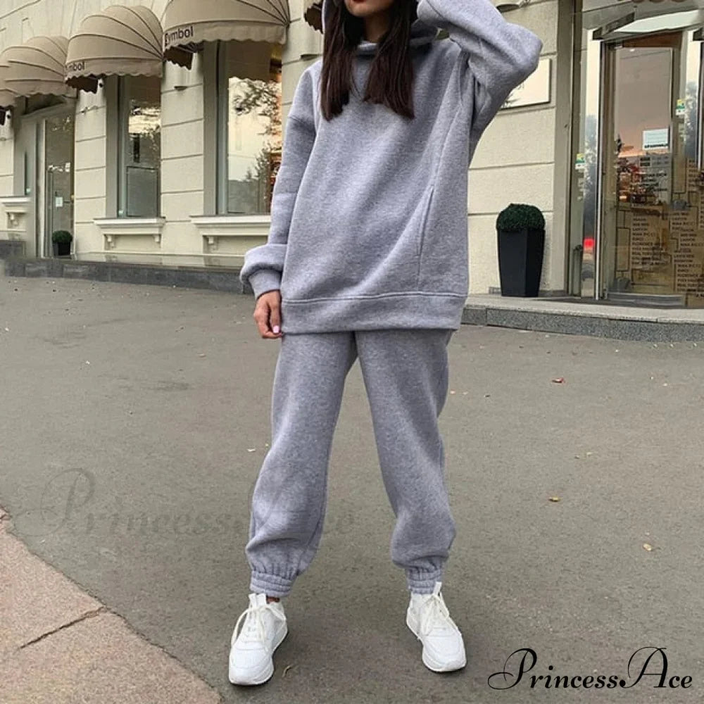 Elegant With Long Sweatshirt Set And Hoodie Lace-Up Warm Pant Solid Detail