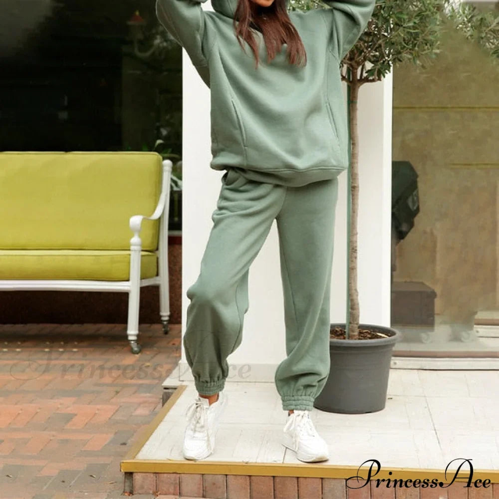Elegant With Long Sweatshirt Set And Hoodie Lace-Up Warm Pant Solid Detail