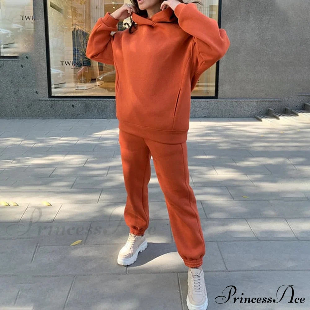 Elegant With Long Sweatshirt Set And Hoodie Lace-Up Warm Pant Solid Detail