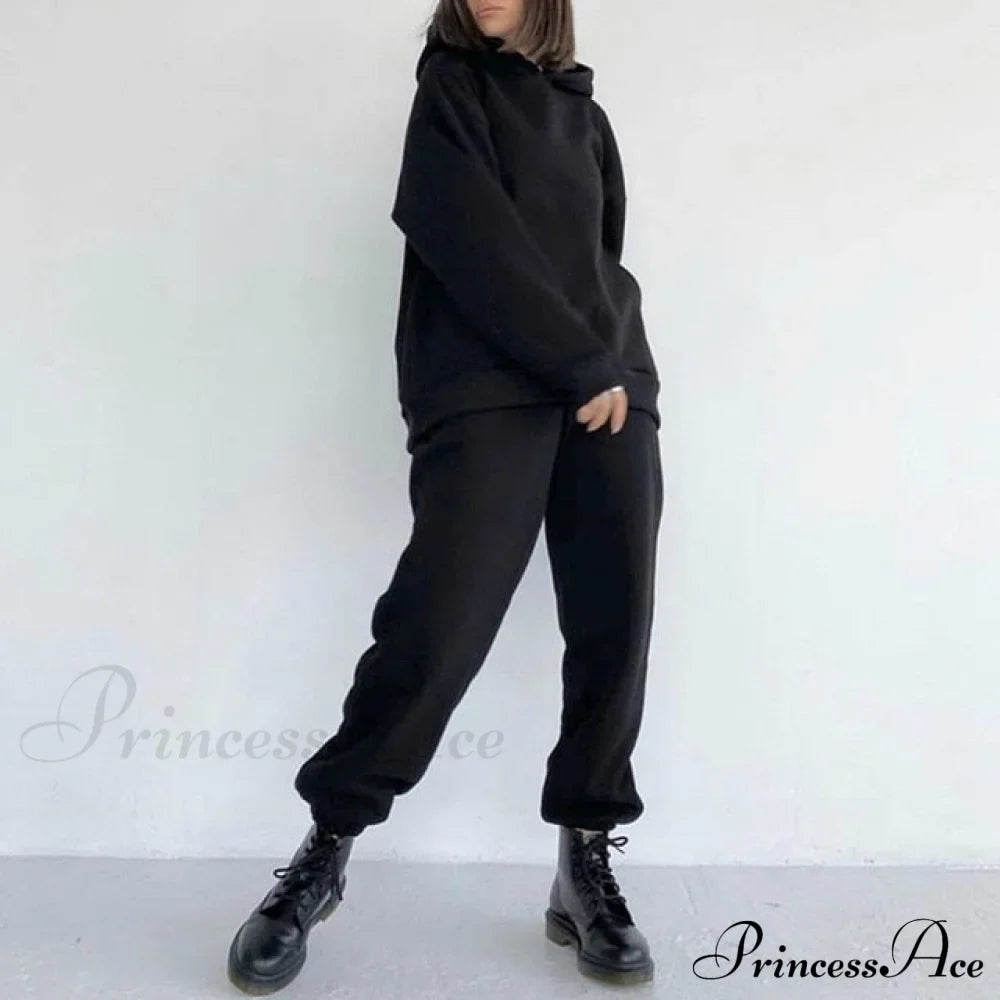 Elegant With Long Sweatshirt Set And Hoodie Lace-Up Warm Pant Solid Detail