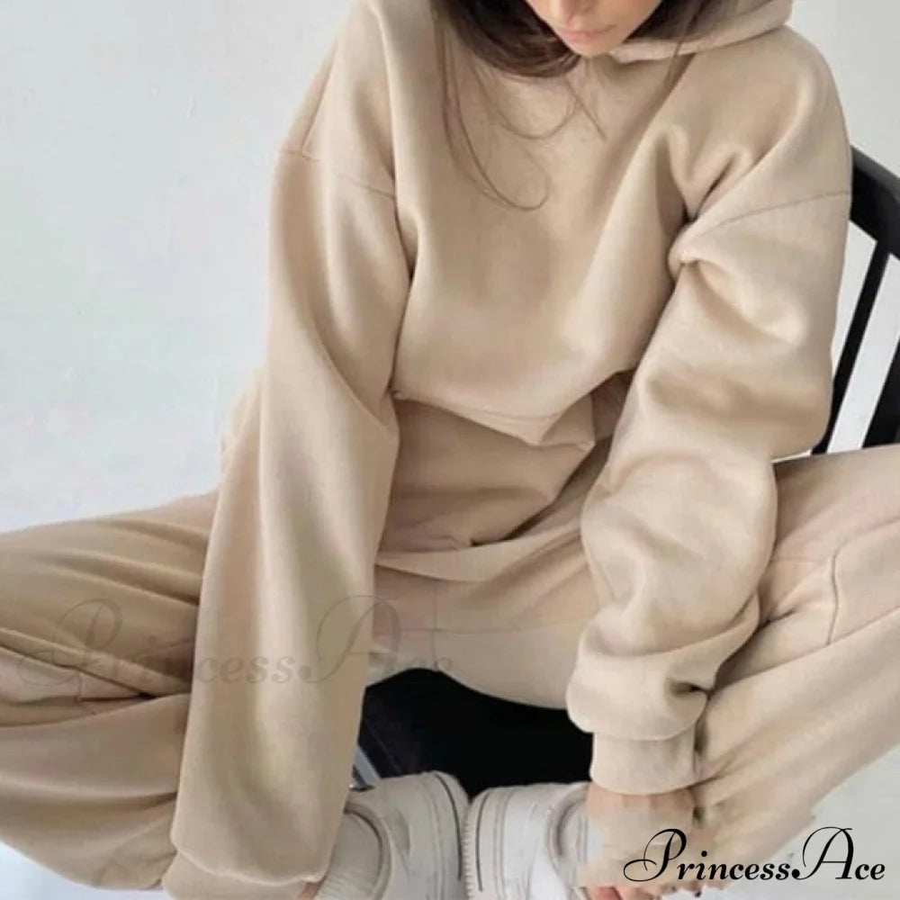 Elegant With Long Sweatshirt Set And Hoodie Lace-Up Warm Pant Solid Detail