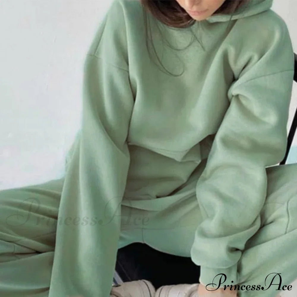 Elegant With Long Sweatshirt Set And Hoodie Lace-Up Warm Pant Solid Detail