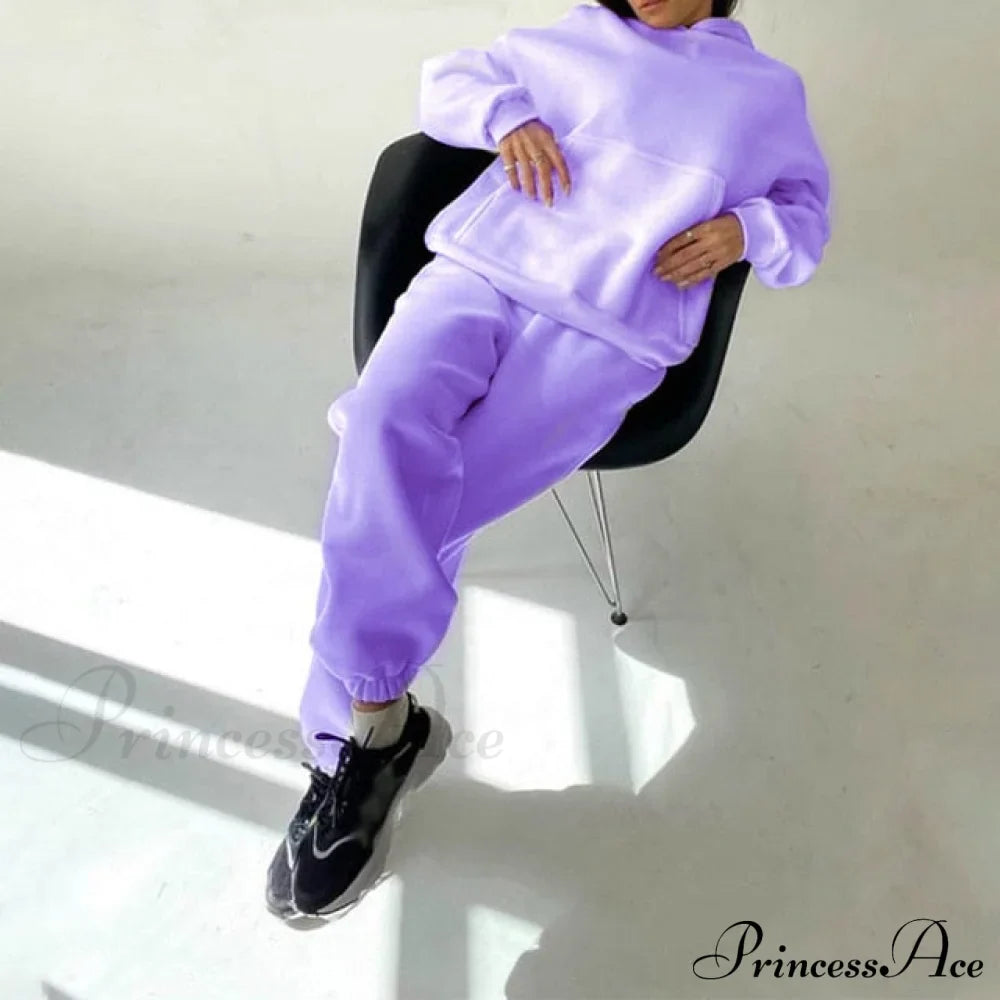 Elegant With Long Sweatshirt Set And Hoodie Lace-Up Warm Pant Solid Detail