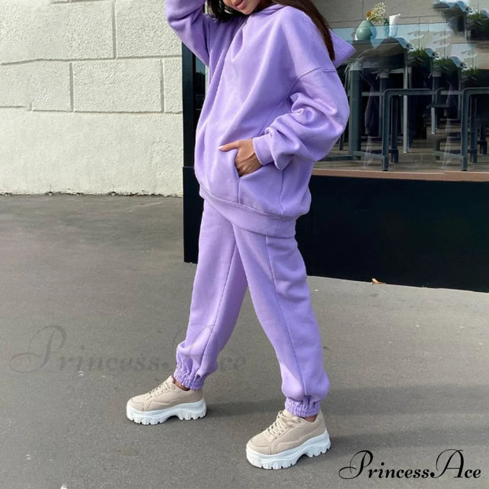 Elegant With Long Sweatshirt Set And Hoodie Lace-Up Warm Pant Solid Detail